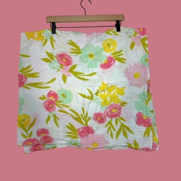 Baby Girl Cloud Island Flower Muslin Swaddle Blanket Pink Green Blue 45x37” - Picture 1 of 4